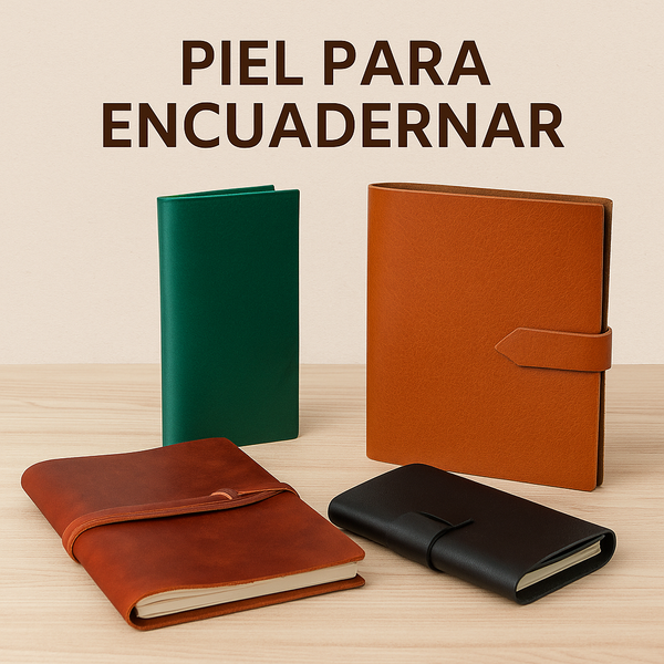 Piel para encuadernar en tonos clásicos como marrón, negro, burdeos y azul marino junto a cuadernos artesanales