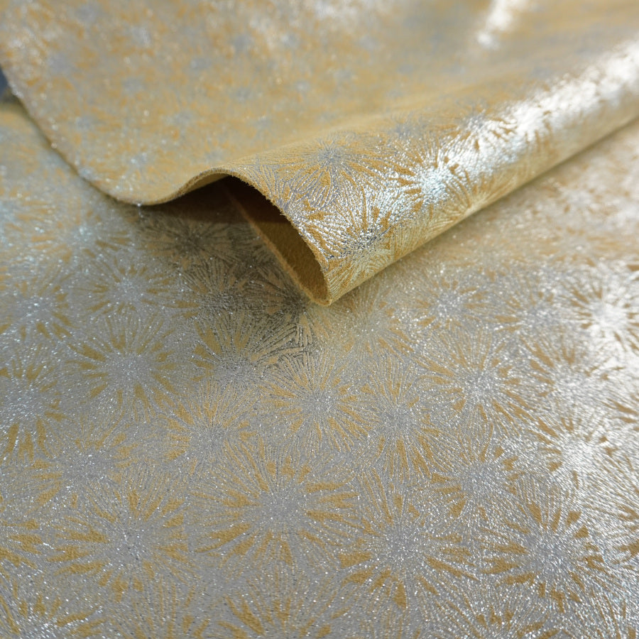 Retal de serraje de fantasía flores plata amarillo