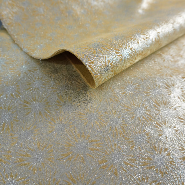 Retal de serraje de fantasía flores plata amarillo